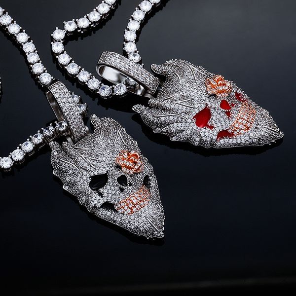 

men hip hop flame head pendant necklace iced cubic zirconia diamond skull chain bling jewelry gift, Silver