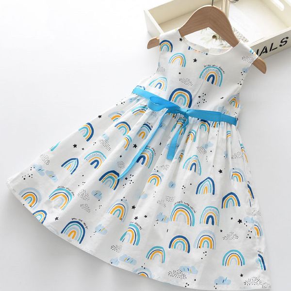 

summer sleeveless girls dress children's rainbow print bow party princess 3-8 years old cute girl clothes 210515, Red;yellow