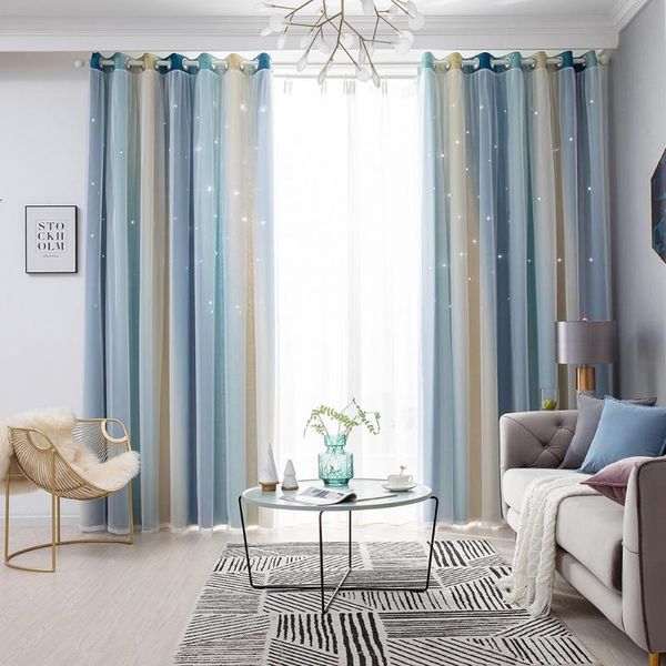 

living room full blackout curtain high-quality polyester comfortable solid gradient hollowed star bedroom window drapes &