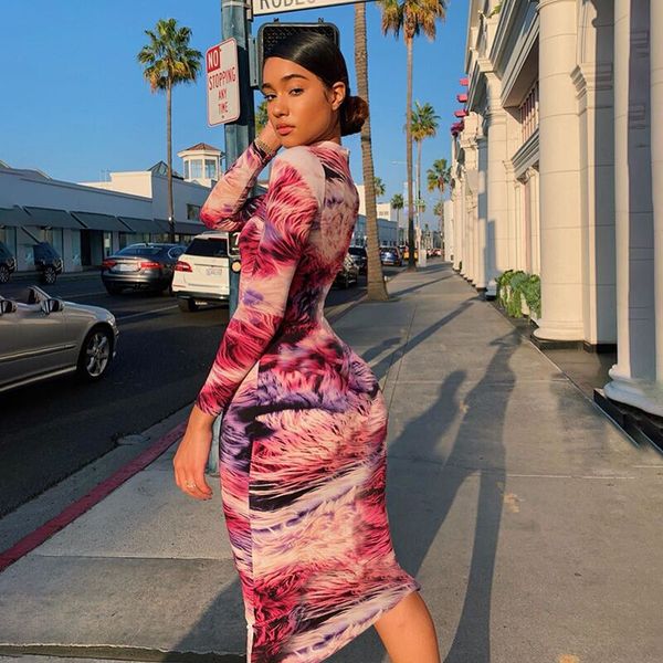 

women tie dye print long sleeve midi dress fashion wild slim fit bag hip dress autumn bodycon dress streetwear, Black;white