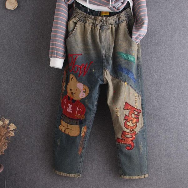 

cartoon little bear korea painted ripped women jeans denim pants jogger casual loose oversize black harem trouses women's, Blue