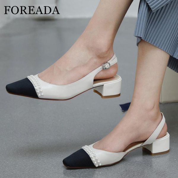 

dress shoes foreada woman slingbacks natural genuine leather med heels pearl block heel pumps square toe ladies footwear beige size 40, Black