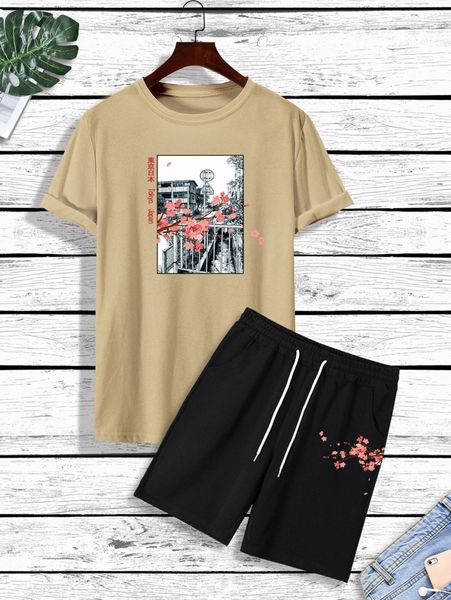 

men japanese letter and floral print tee & drawstring waist shorts 36mj#, Gray