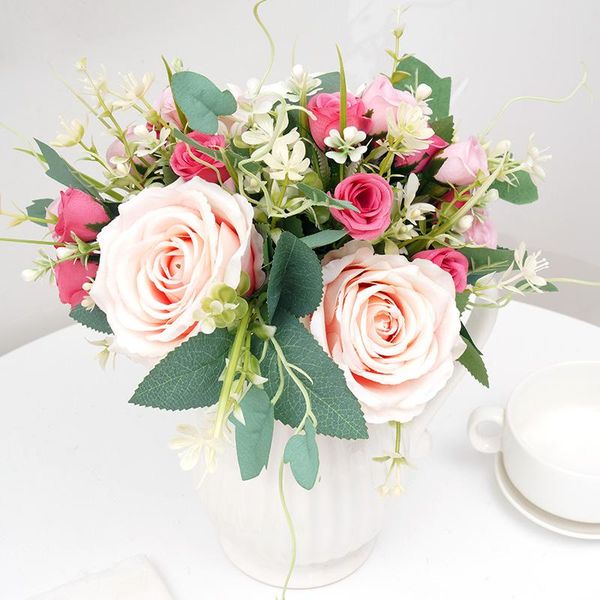 

decorative flowers & wreaths pink silk artificial rose bouquet wedding home decoration accessories fake table arrangement