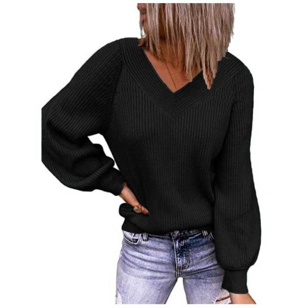 

women's sweaters women fashion autumn and winter sweater loose knit v-neck solid color pullover long sleeve plus size, White;black