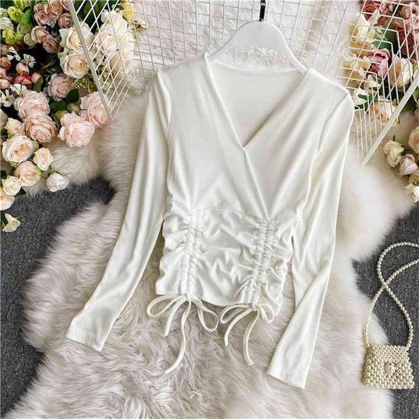 

women spring autumn cross t shirt v-neck drawstring long sleeve solid color short slim fit base female uk111 210507, White