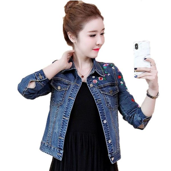 

women's jackets fashion women denim jacket spring autumn embroidered short slim plus size outerwear, Black;brown
