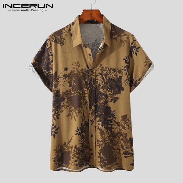 

men's casual shirts incerun 2021 men shirt printed lapel short sleeve streetwear summer hawaiian vintage cotton camisas hombre s-3xl, White;black