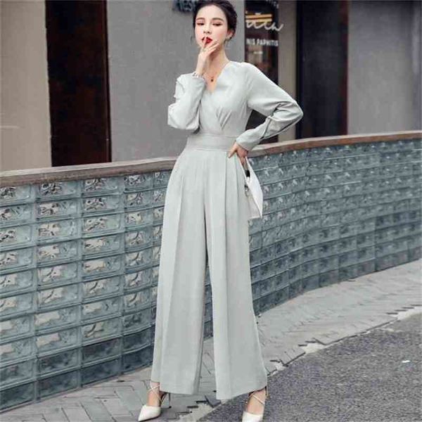 

spring women fashion office ol vintage v neck long sleeve female solid high waist wide leg jumpsuits rompers 210519, Black;white