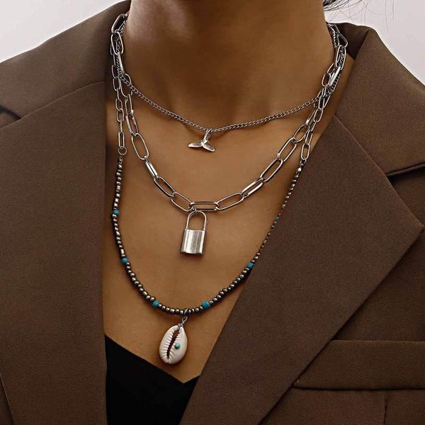 

pendant necklaces vintage boho multilayer seed bead choker lock shell chain silver color necklace for women party fashion jewelry gift
