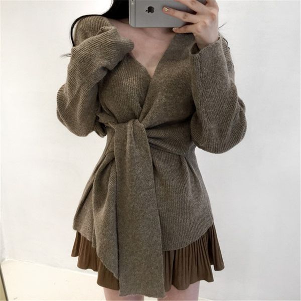 

women's sweaters pullovers waist strap v-neck sweater women new spring and autumn long sleeve knit female ns1849 ct9f, White;black