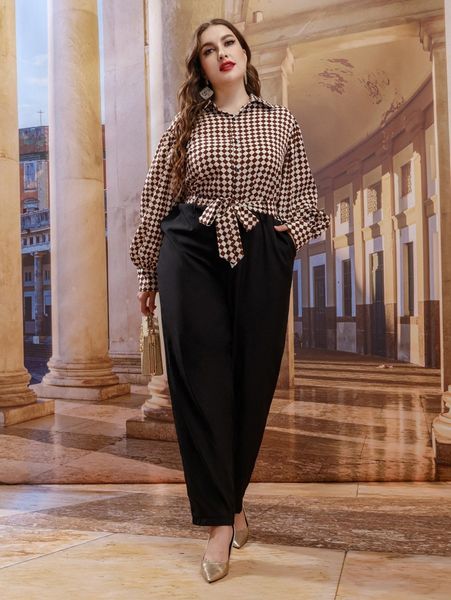 

plus checker print puff sleeve belted shirt jumpsuit 72kk#, Black