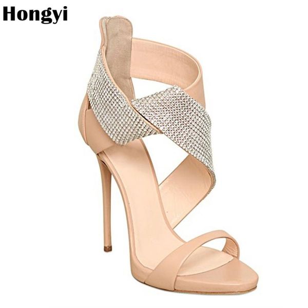 

hongyi open toe rhinestone designer high heel sandals crystal ankle wrap diamond gladiator women beige size 35-43, Black