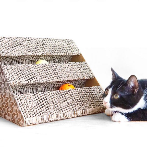 

triangle pet cat enjoy playing scratcher pad cute scratching ramp corrugated cardboard with bell ball scratch toy 47cm toys
