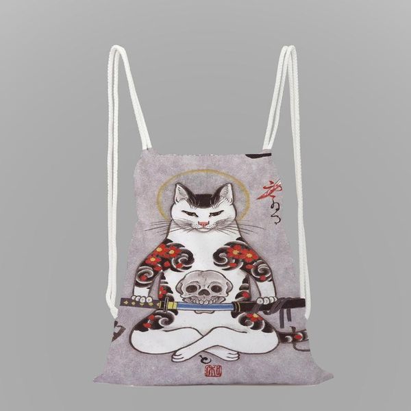 

backpack japanese samurai cat drawstring daily casual boys and girls pockets