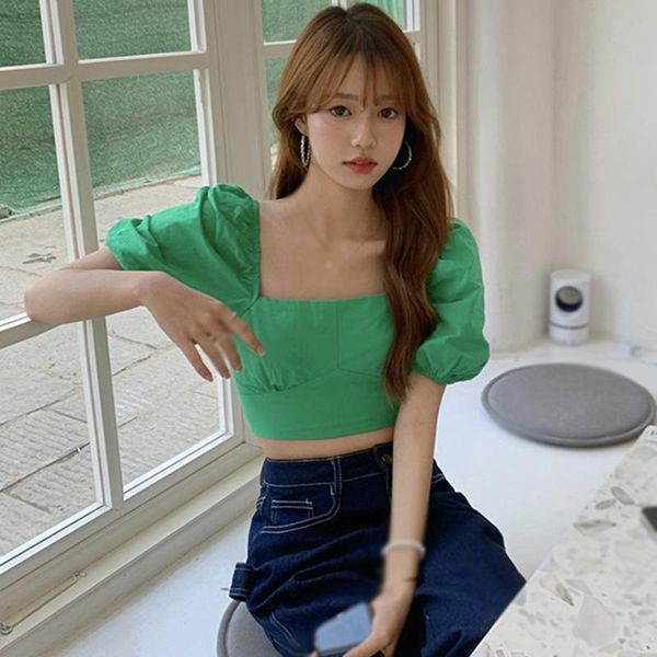 

women's blouses & shirts women slim fashion back strap short upper clothing summer female short-sleeved square collar, White