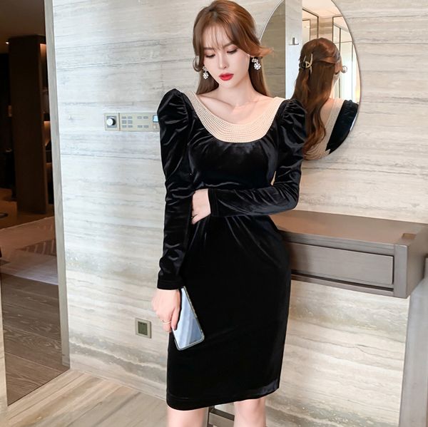 

luxo audrey hepburn frock black velvet thin lady paty club dress women's clothes, Black;gray