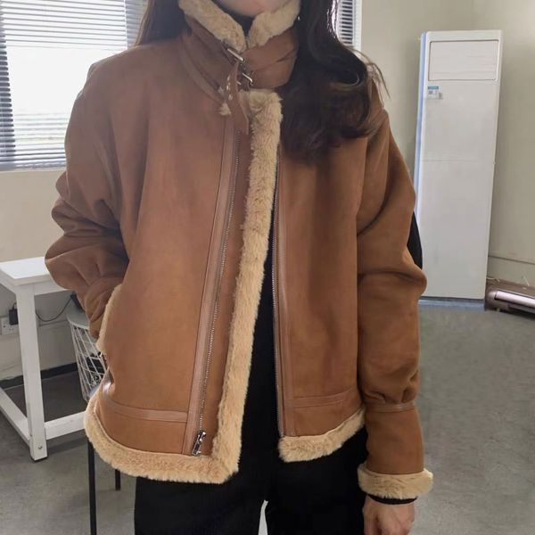 

womens woolen blends jackets thicken slim fit short leather jacket womans high neck fur collar outerwear 2022 spring plush wear, Black