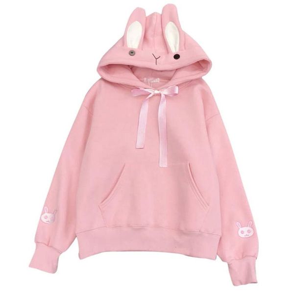 

sweet cute preppy style ears plus thick solid color hoodies women loose long sleeve pullover pocket sweatshirt #f4, Black
