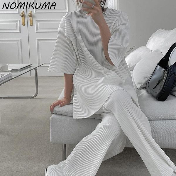 

women's two piece pants nomikuma 2021 summer woman pant sets causal o-neck short sleeve tshirt + high waist flare long korean outfits 6, White