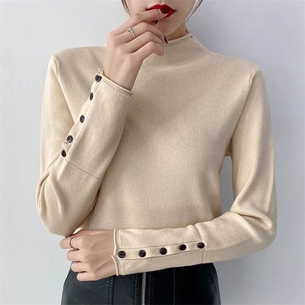 

half turtleneck long sleeve knitted pullovers women button patchwork knitwear base casual spring elastic korean style 210522, White;black