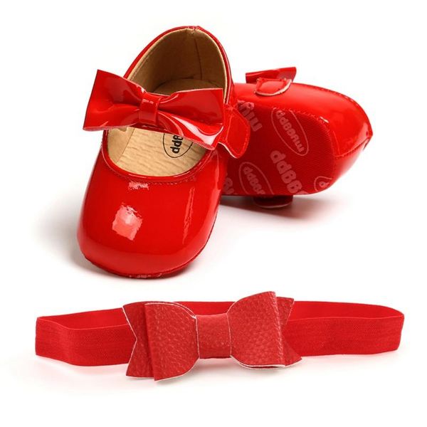 

first walkers baby girl bowknot shoes pu leather with bow red black pink white soft soled non-slip headband two-piece set
