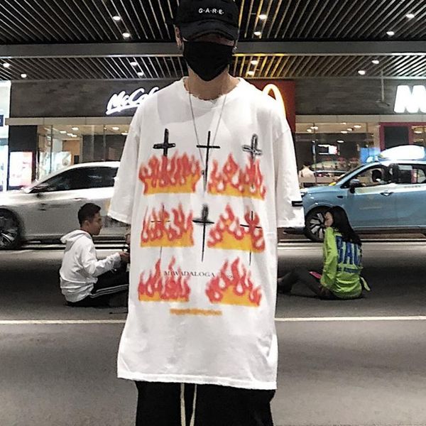 

harajuku t-shirts summer men/women hip hop retro fire cross cartoon tshirt streetwear t shirt short sleeve tee men's, White;black