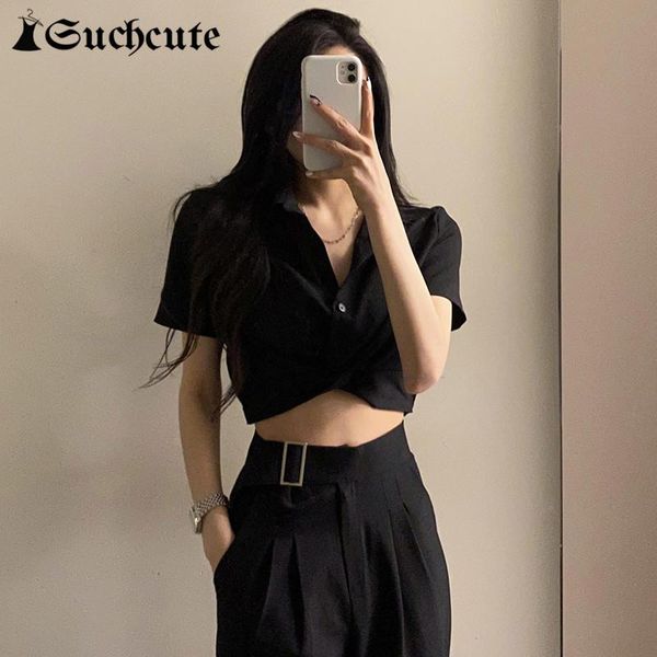

women's t-shirt suchcute harajuku women y2k t-shirts korean fashion casual short sleeve slim cropped button up kawaii clothes summer 2, White
