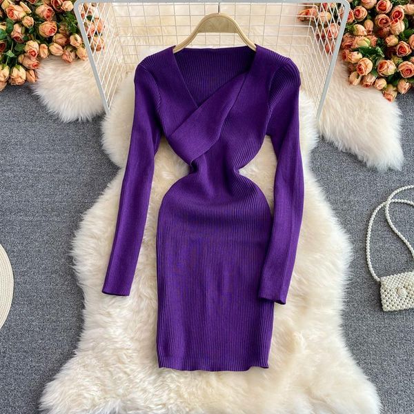 

casual dresses 2021 autumn v-neck cross knitted dress long sleeve slim base tight girls bodycon purple, Black;gray