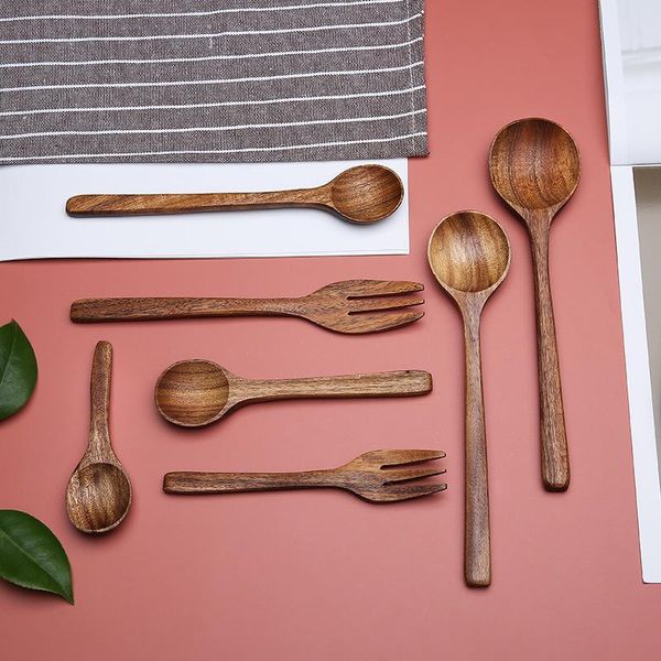

spoons wooden spoon acacia tableware fork set household unpainted fun picks