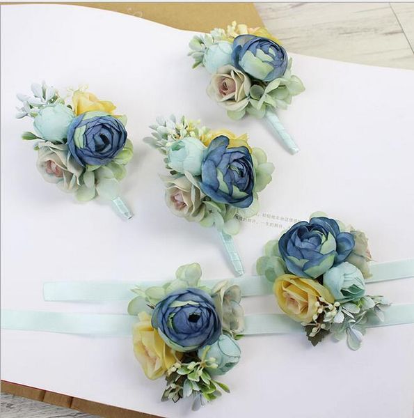 

50pcs diy blue corsage flower bride groom bridesmaids brooch hand wrist wedding pography props decorative flowers & wreaths