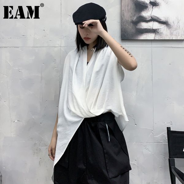 

[eam] women white big size irregular knot casual solid t-shirt v-neck sleeveless fashion spring summer 1dd7644 21512
