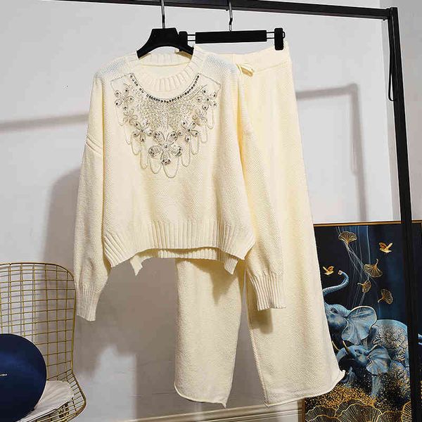 

women's tracksuits women knitted outfits fall fashion long sleeve beads loose mesh + casual pants two female ensemble h1773 1gnv, Gray