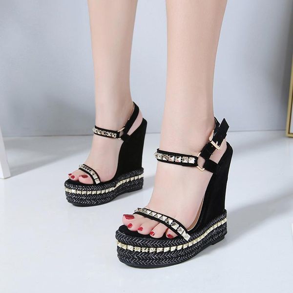 

ltalian roman women's sandals rivet hasp wedge open toes rattan straw woven satin casual shoes 15cm high heels, Black