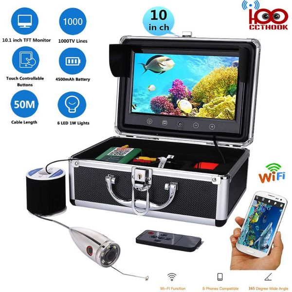 

50m cable wifi wireless fish finder with 720p 1000tvl underwater fishing video camera 10 inch color monitor mob app viewing cctv system