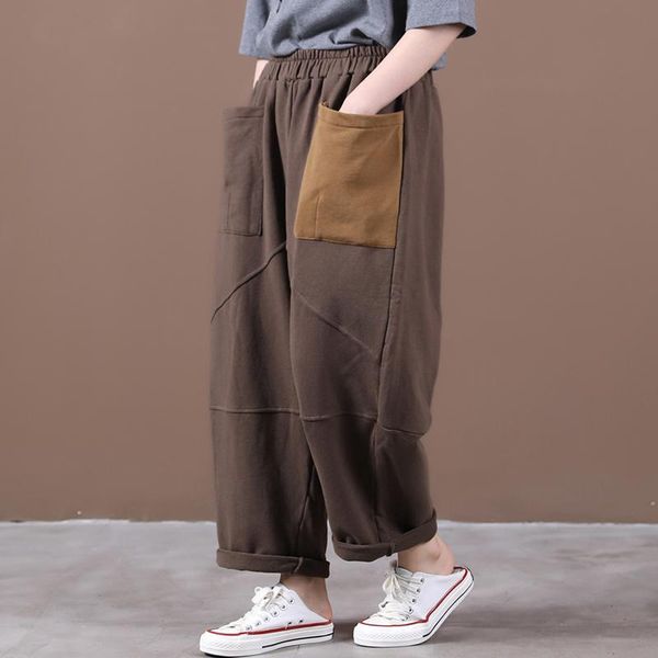 

women's pants & capris [ewq] 2021 spring autumn hit colors patchwork big pockets mid waist elasic causal women large size 3 3ac021, Black;white