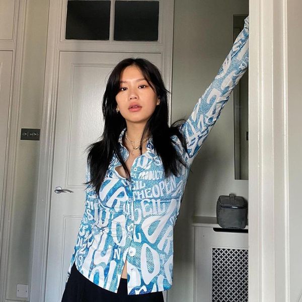 

women's t-shirt spring autumn letter print long sleeve t shirts blue women v neck black y2k casual crop fashion graphic, White