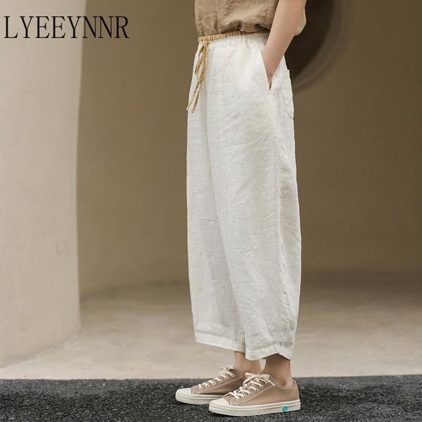 

women's pants & capris lyeeynnr casual linen ankle length women solid color stretch high waist trousers japan style loose pantalones, Black;white