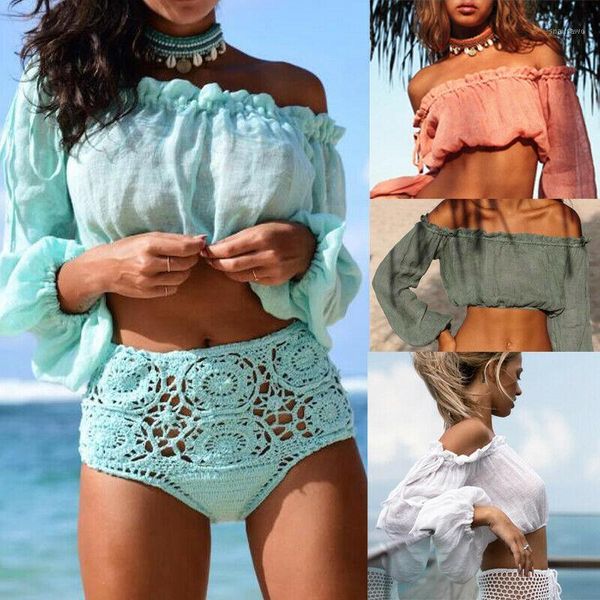 

women beach cover up bikini 2021 swimwear off-shoulder blouse t-shirt carop summer bathing suit women's, White;black