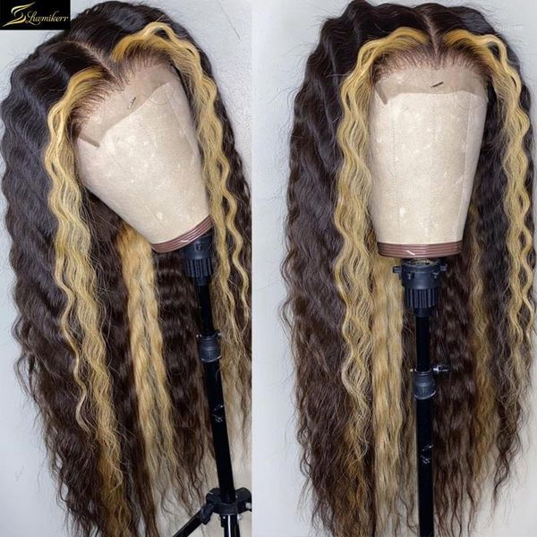 

density curly highlight 613 blonde hd transparent human hair wigs pre plucked loose deep wave full closure 26 inch remy1, Black;brown
