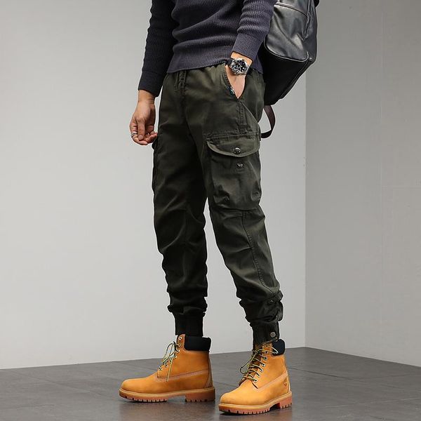 

men's pants fashion overalls comfortable elastic beam design trousers buttoned pocket casual handsome high street, Black