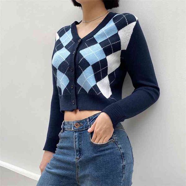 

argyle button-down knitted cardigan sweaters for women long sleeve winter fashion autumn clothes korean coat crop femal 210510, White
