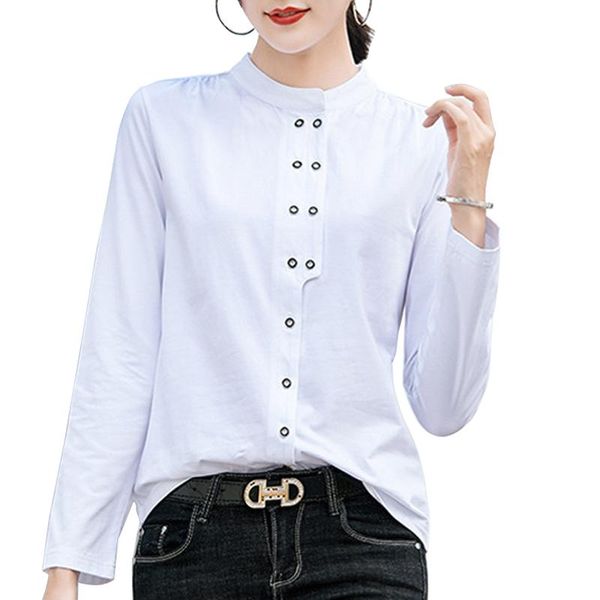 

women's t-shirt spring autumn button round collar long sleeve t shirt cotton back pleat women black white plus size s-3xl