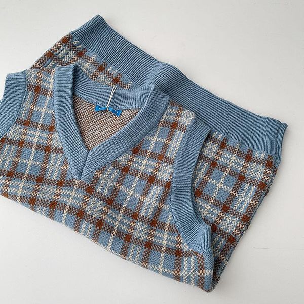 

mooirue spring blue plaid knitted vest korean women's loose sleeveless vests, Black;white