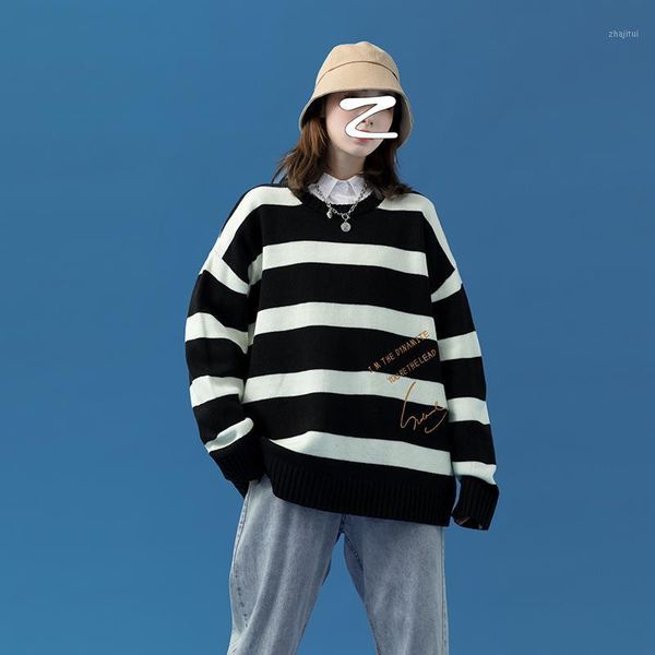 

letter embroidery sweaters for autumn clothing korean fashion knitted pullover teenage girls striped jumpers women's, White;black