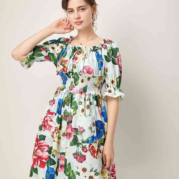 Summer Runway Puff Sleeve Abito in cotone con stampa floreale rosa Donna con spalle scoperte Bottoni Petel Pocket Elastico in vita Beach Boho Dress 210514