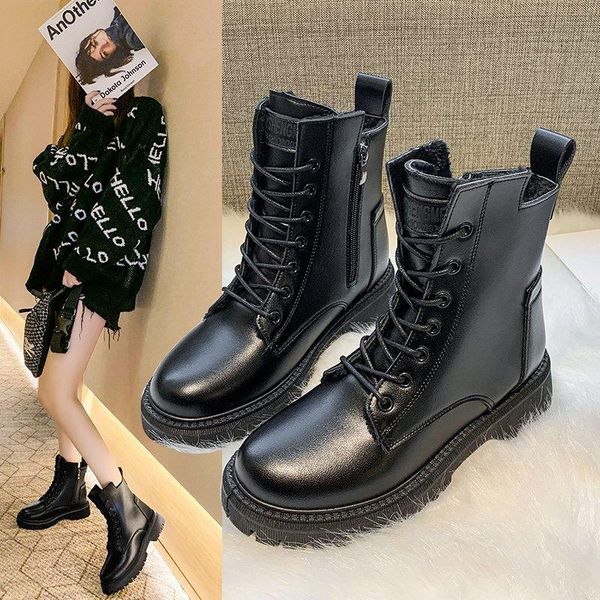 

boots 2021 women's shoes lace-up platform woman pu leather ladies plus size ankle botas mujer, Black