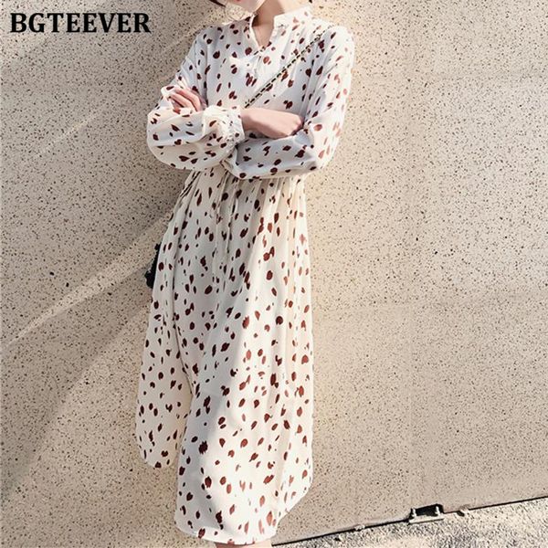 

casual dresses bgteever fashion print female mid-length dress long sleeve high waist lace-up women chiffon vestidos femme 2021 summer, Black;gray