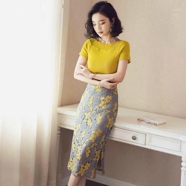 

women 2021 summer short sleeve + high waist lace pencil skirt set female vintage slim casual chic two piece suit l245 dress, White