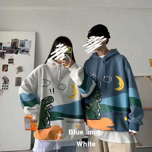 

student cartoon graffiti hooded pullover men's fashion brand large loose casual korean couple bf plush coat1, Black